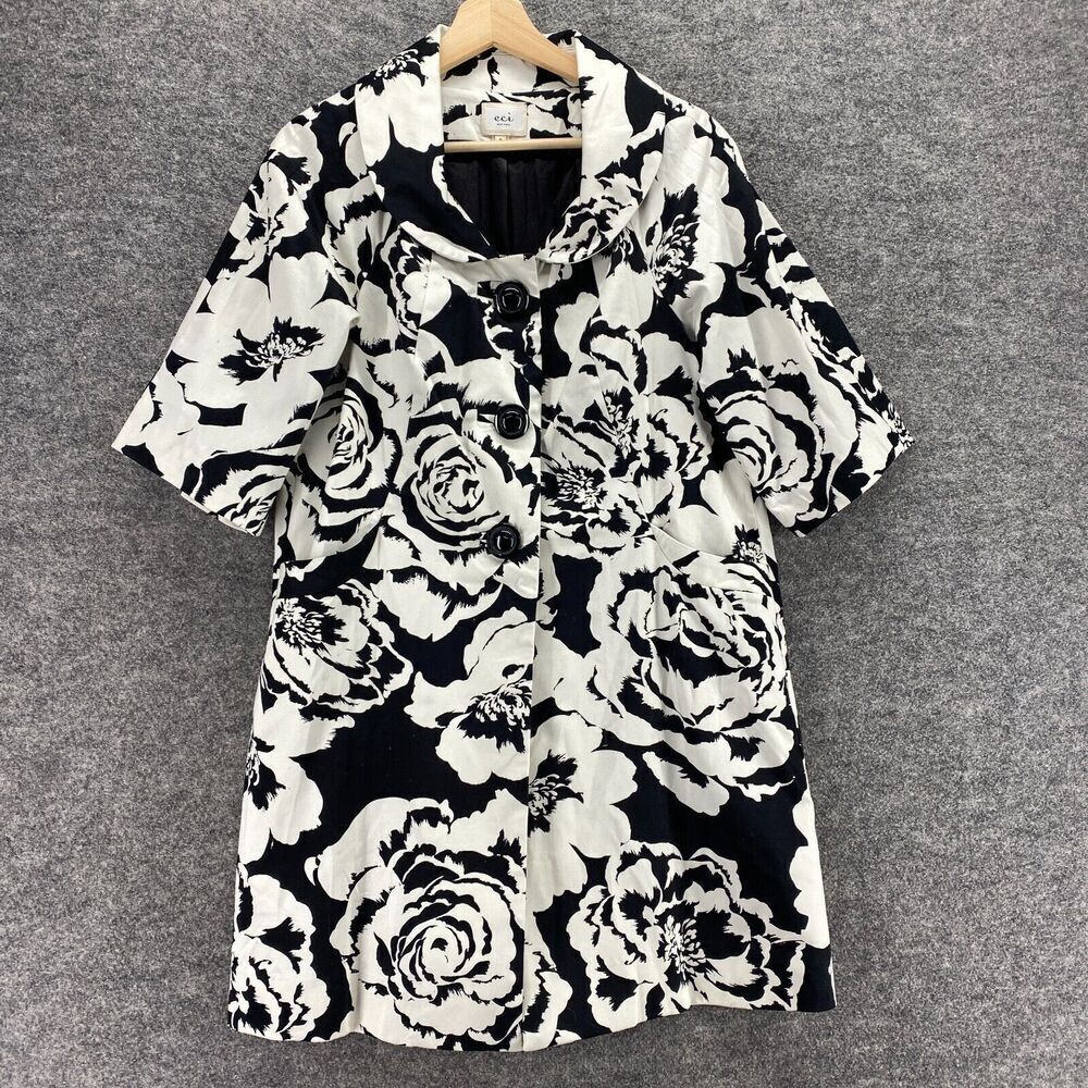 Eci Coat Women 8 Black Floral 3/4 Sleeve Collared Lined Button Pockets Cotton